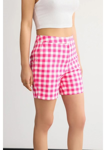 Kadın Kareli Yüksek Bel Elastik Bel Şort Pembe