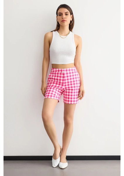 Kadın Kareli Yüksek Bel Elastik Bel Şort Pembe modelleri