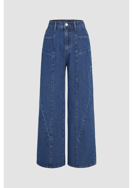 Kadın Dikiş Detaylı Wide Leg Kot Pantolon Maya Mavisi