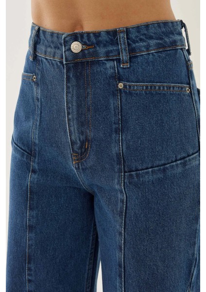 Kadın Dikiş Detaylı Wide Leg Kot Pantolon Maya Mavisi