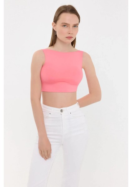 Kadın Sıfır Kollu Yuvarlak Yakalı Sırt Detaylı Bluz Pink fırsatları