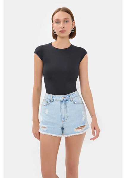 Kadın Temel Dokuma Bisiklet Yaka T-Shirt Siyah