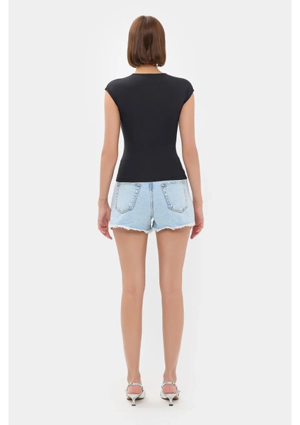 Kadın Temel Dokuma Bisiklet Yaka T-Shirt Siyah fırsatları