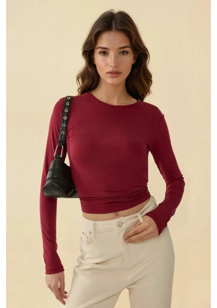 Kadın Bisiklet Yaka Basic Uzun Kollu Body Red