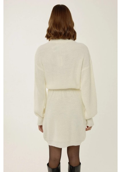 Kadın Bele Oturan Fermuar Yaka Fitilli Mini Triko Elbise Natural indirimleri