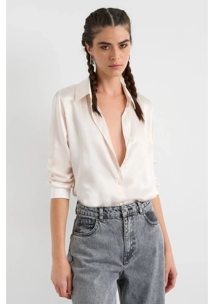 Kadın Saten Klasik Gömlek Natural