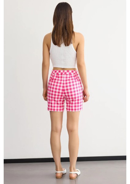 Kadın Kareli Yüksek Bel Elastik Bel Şort Pembe fırsatları