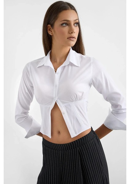 Kadın Korseli Kemer Uzun Kollu Kırpılmış Gömlek White