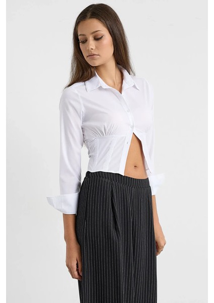 Kadın Korseli Kemer Uzun Kollu Kırpılmış Gömlek White modelleri
