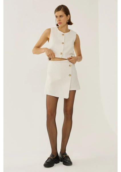 Kadın Tweed Düğme Detaylı Şort White