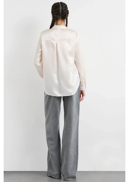 Kadın Saten Klasik Gömlek Natural fırsatları