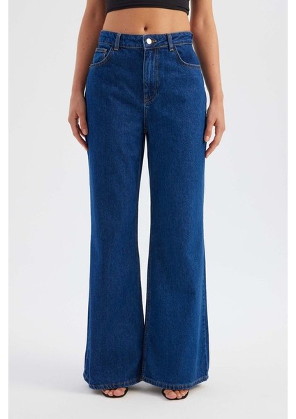Kadın Yüksek Bel Düz Bacaklı Kot Pantolon Koyu Mavi Denim fiyatları