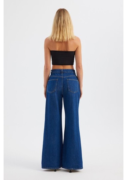 Kadın Yüksek Bel Düz Bacaklı Kot Pantolon Koyu Mavi Denim fırsatları