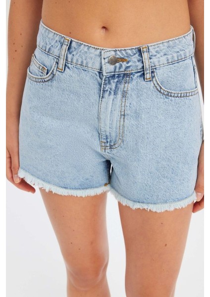 Kadın Koyu Renk Yüksek Bel Denim Şort Buz Mavisi indirimleri
