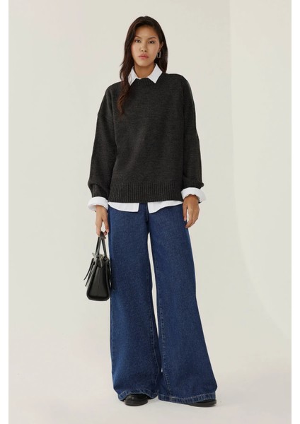 Kadın Bisiklet Yaka Relax Fit Yumuşak Triko Kazak Grey fiyatları