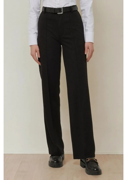 Kadın Düz Kesim Yüksek Bel Nervürlü Dokuma Pantolon Siyah