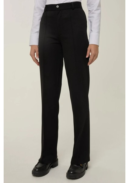 Kadın Düz Kesim Yüksek Bel Nervürlü Dokuma Pantolon Siyah fiyatları