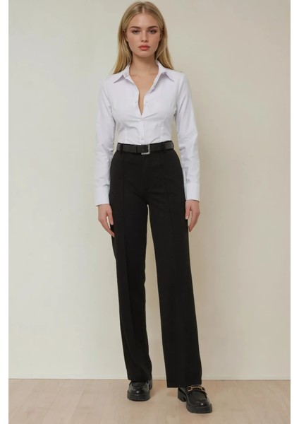 Kadın Düz Kesim Yüksek Bel Nervürlü Dokuma Pantolon Siyah modelleri