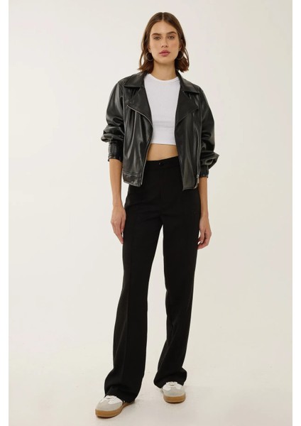 Kadın Düz Kesim Yüksek Bel Nervürlü Dokuma Pantolon Siyah