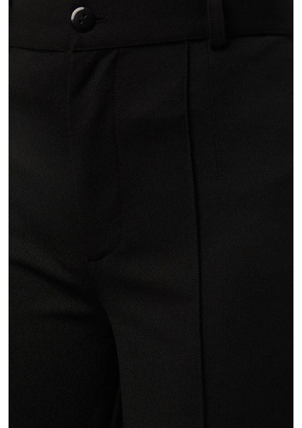 Kadın Düz Kesim Yüksek Bel Nervürlü Dokuma Pantolon Siyah