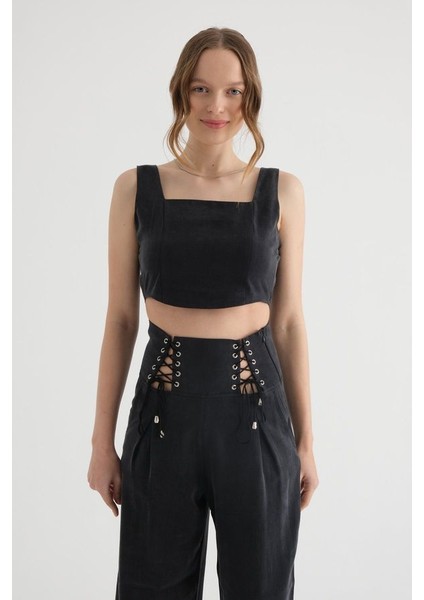 Kadın Kare Yaka Korse Crop Top Siyah