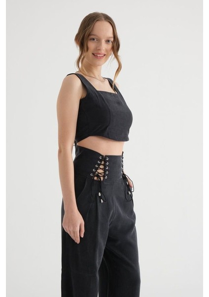 Kadın Kare Yaka Korse Crop Top Siyah fiyatları