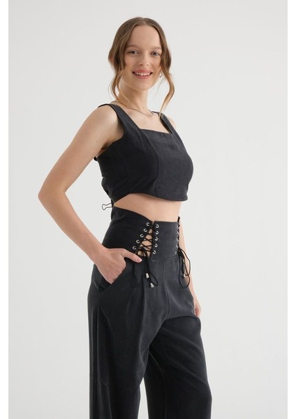 Kadın Kare Yaka Korse Crop Top Siyah modelleri