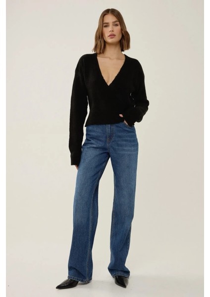 Kadın V Yaka Düğmeli Kruvaze Triko Kazak Siyah fiyatları