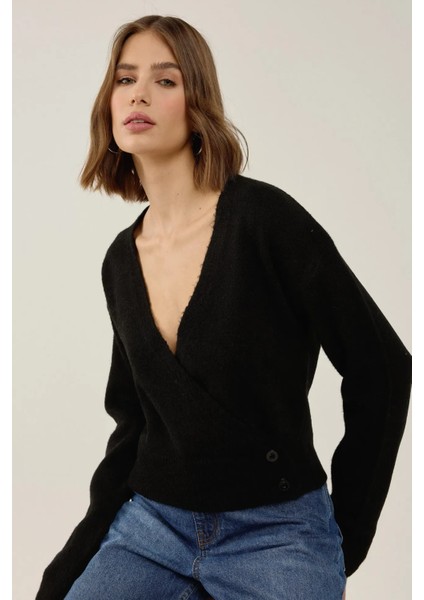 Kadın V Yaka Düğmeli Kruvaze Triko Kazak Siyah modelleri