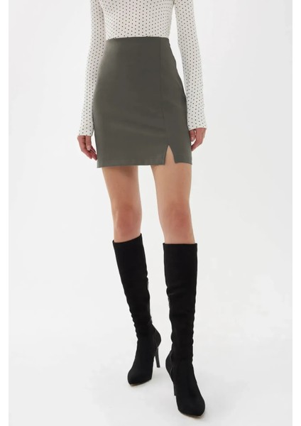 Kadın Yüksek Bel Yandan Yırtmaç Etek Gri modelleri