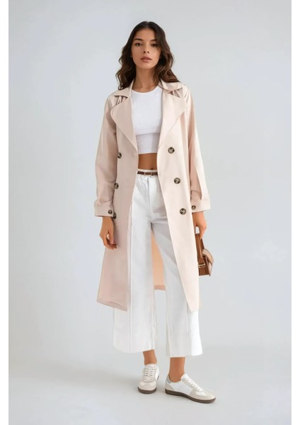 Kadın Kemerli Düğmeli Trençkot Fildişi Doğal