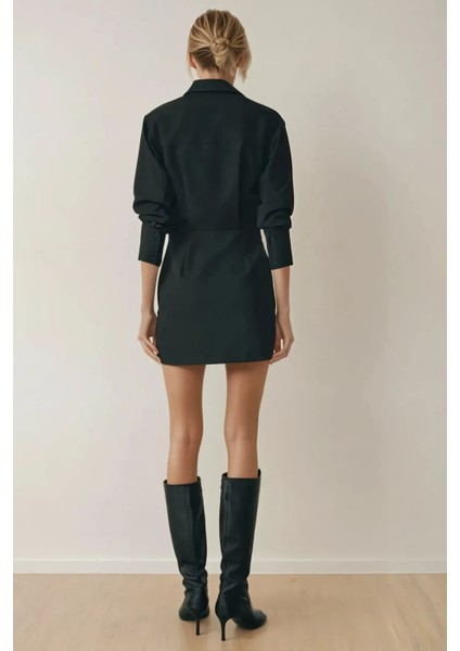Kadın Gömlek Yaka Mini Elbise Siyah indirimleri