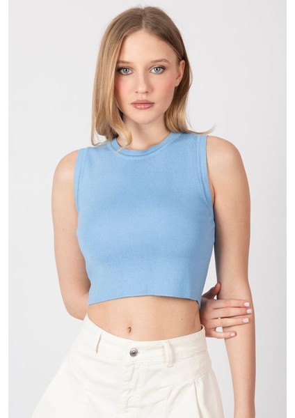 Kadın Örme Bisiklet Yaka Crop Top Mavi