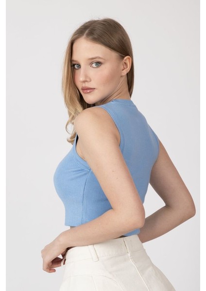 Kadın Örme Bisiklet Yaka Crop Top Mavi modelleri