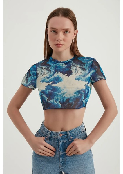 Kadın Soyut Tül Crop Top Maya Mavisi fiyatları
