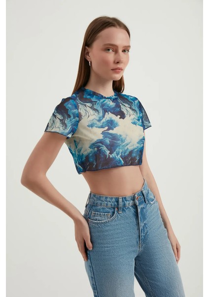 Kadın Soyut Tül Crop Top Maya Mavisi modelleri