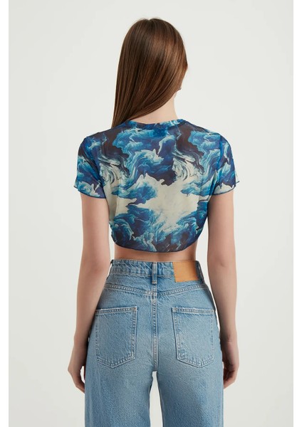 Kadın Soyut Tül Crop Top Maya Mavisi fırsatları
