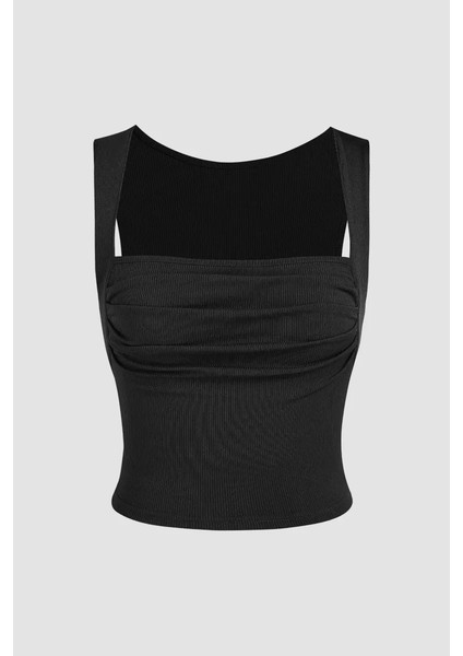 Kadın Drape Kare Yaka Bluz Siyah