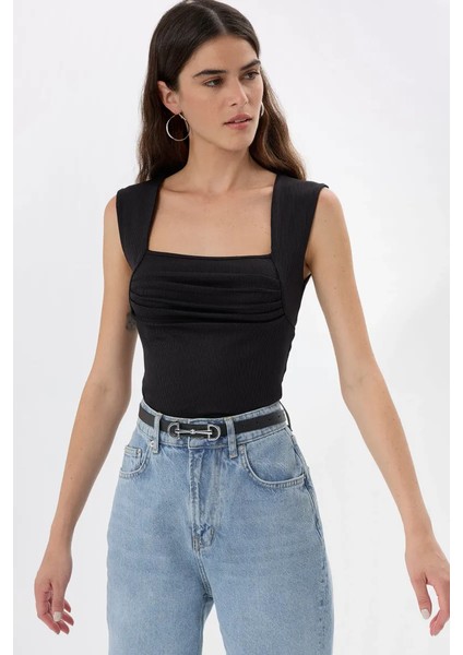 Kadın Drape Kare Yaka Bluz Siyah modelleri