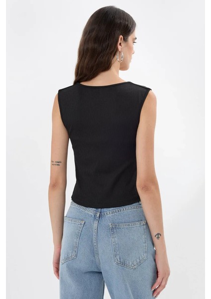 Kadın Drape Kare Yaka Bluz Siyah