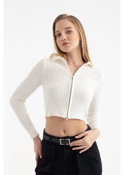 Kadın Polo Yaka Fitilli Fermuarlı Kırpılmış Hırka White