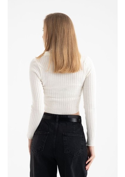 Kadın Polo Yaka Fitilli Fermuarlı Kırpılmış Hırka White fiyatları