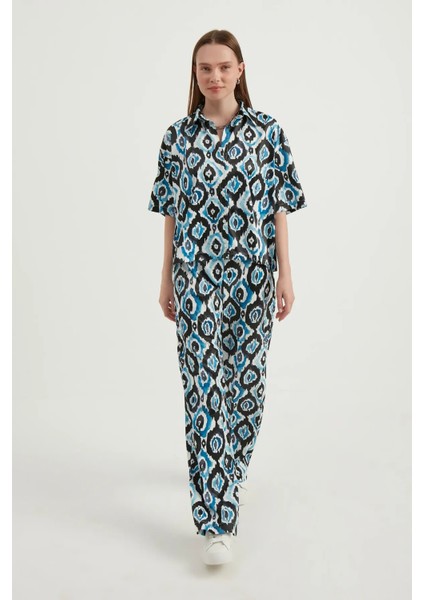 Kadın Dökümlü Kısa Kollu Saten Boho Gömlek Blue fiyatları