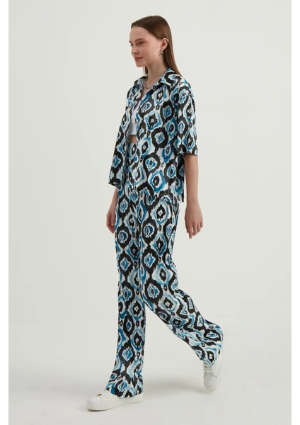 Kadın Dökümlü Kısa Kollu Saten Boho Gömlek Blue modelleri