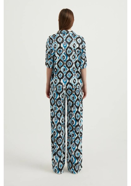 Kadın Dökümlü Kısa Kollu Saten Boho Gömlek Blue indirimleri