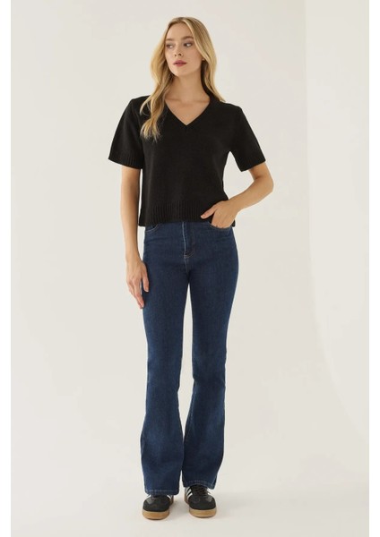 Kadın Kısa Kollu V-Yaka Örgü Kazak Siyah fiyatları