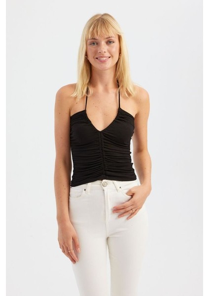 Kadın V Yaka Askılı Üst Siyah fiyatları
