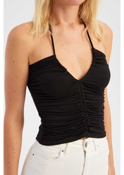 Kadın V Yaka Askılı Üst Siyah indirimleri
