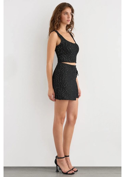 Kadın Sequin İşlemeli Örme Sarım Etek - Dikişsiz Kenar ve Kemerli Black modelleri