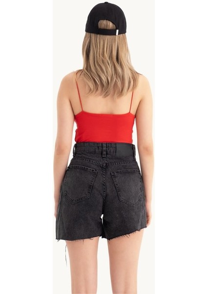 Kadın Düğme Detaylı Yüksek Bel Çift Katlı Jean Şort Gri fiyatları